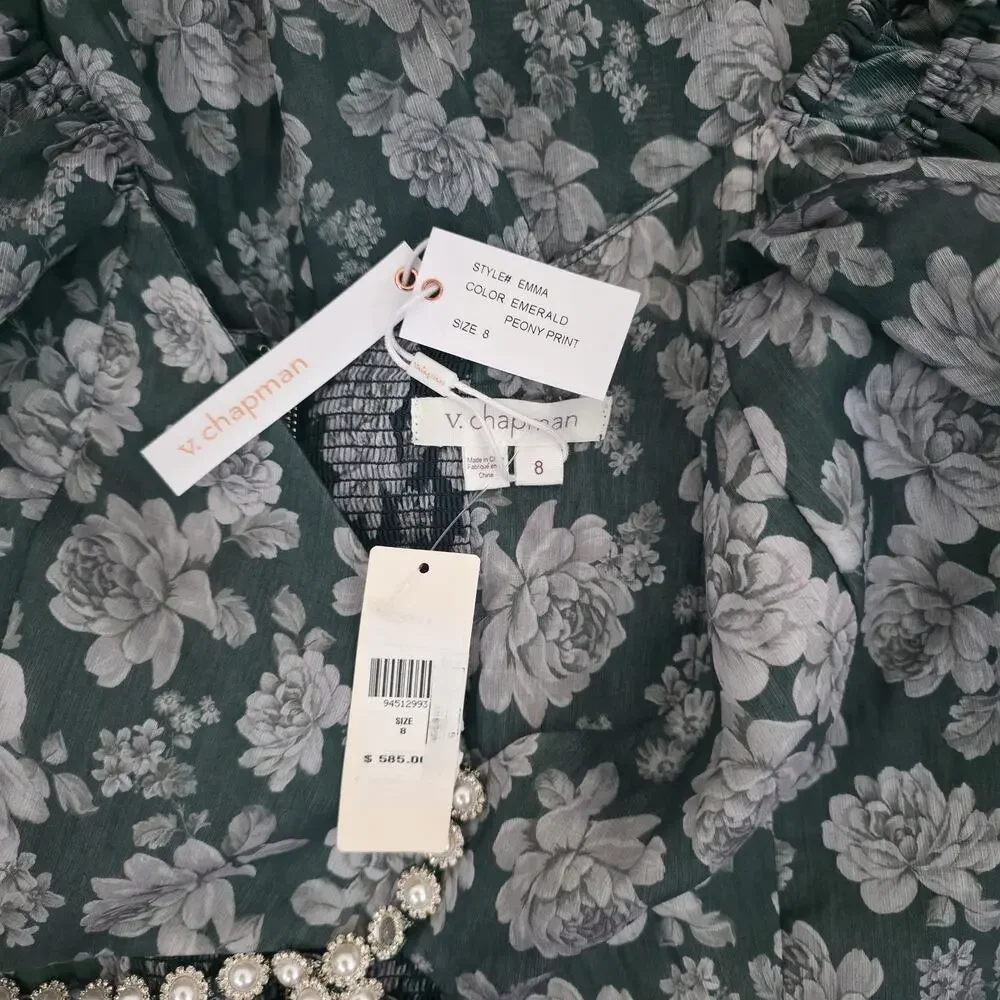 V. Chapman The Emma Dress in Emerald Peony Print Maxi Dress Sz 8 NWT+I - Picture 14 of 14